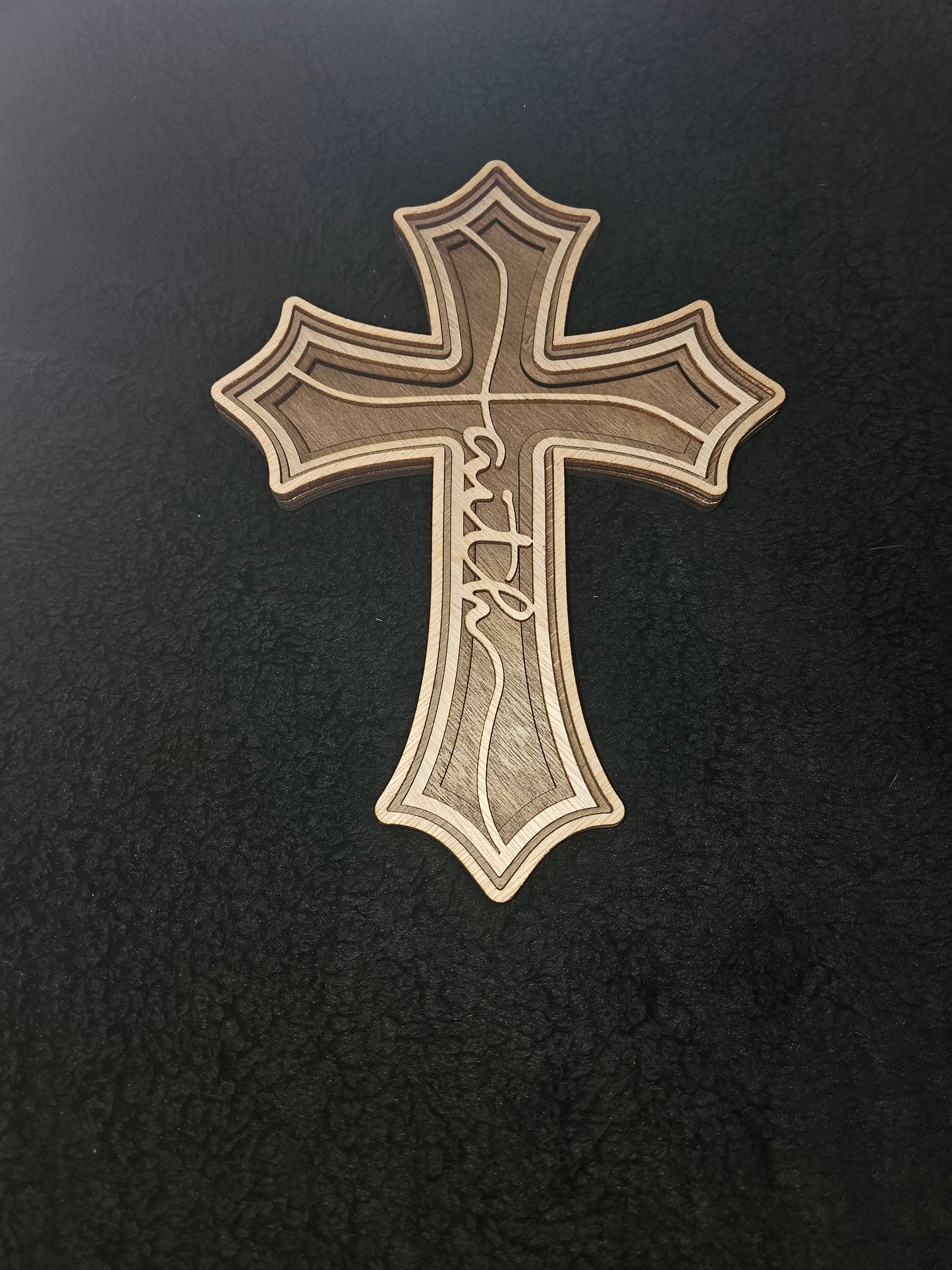 Layered Wood Cross – "Faith" Design in Light & Dark Wood
