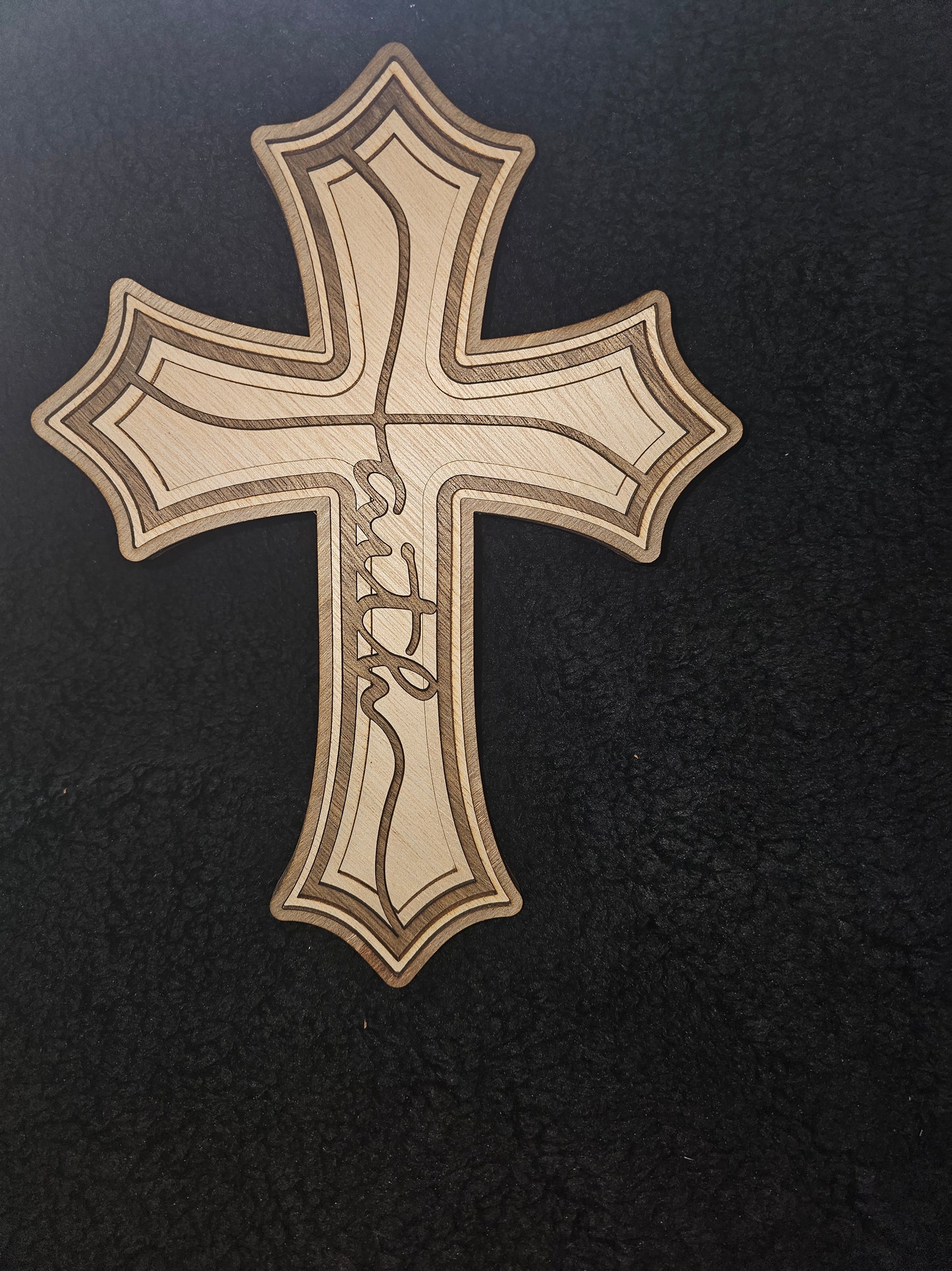 Layered Wood Cross – "Faith" Design in Light & Dark Wood