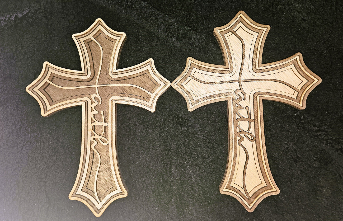 Layered Wood Cross – "Faith" Design in Light & Dark Wood